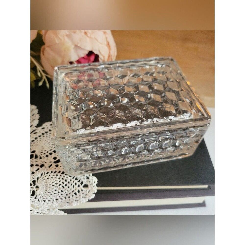 Vintage Fostoria Glass American Rectangular Open Candy Cigarette Box Optic Cube